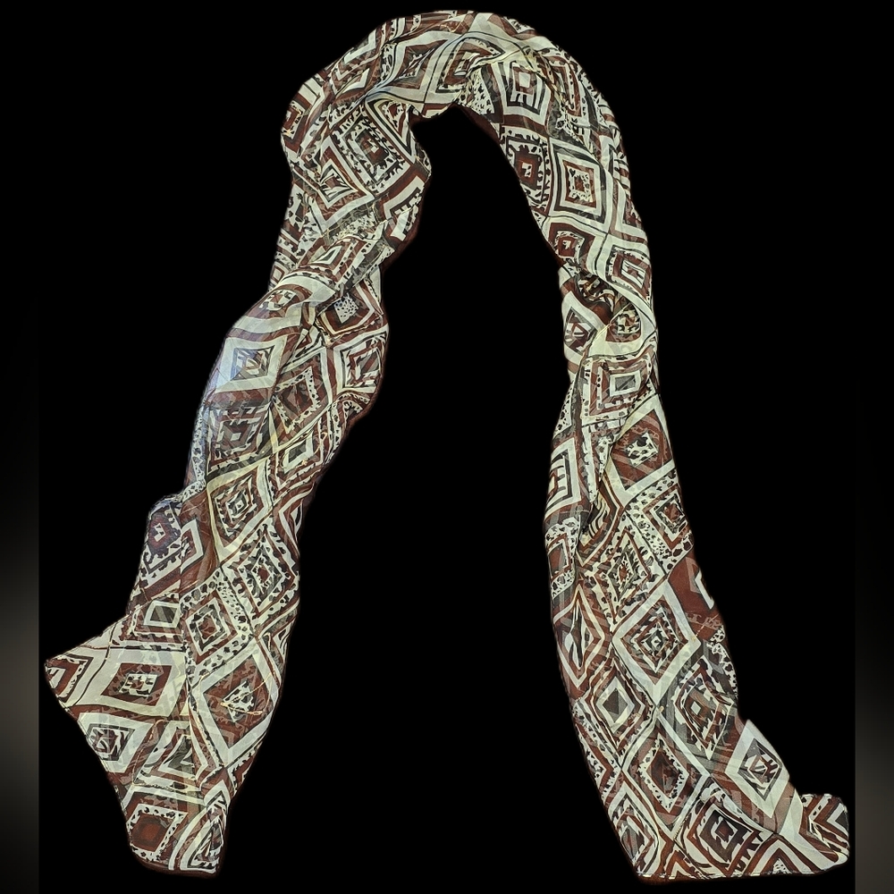 Brown & Cream Geometric Patterned Scarf w/ Cheetah Print: Indie Vanguard & Boho